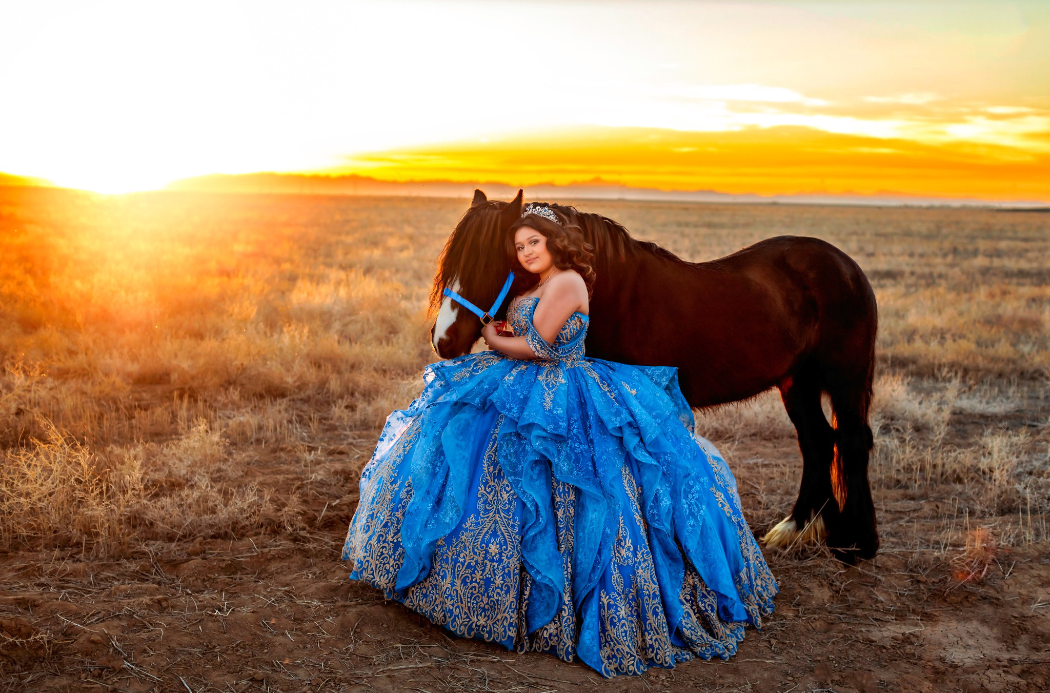 16-year-old posing in her beautiful party dress with her prized horse.