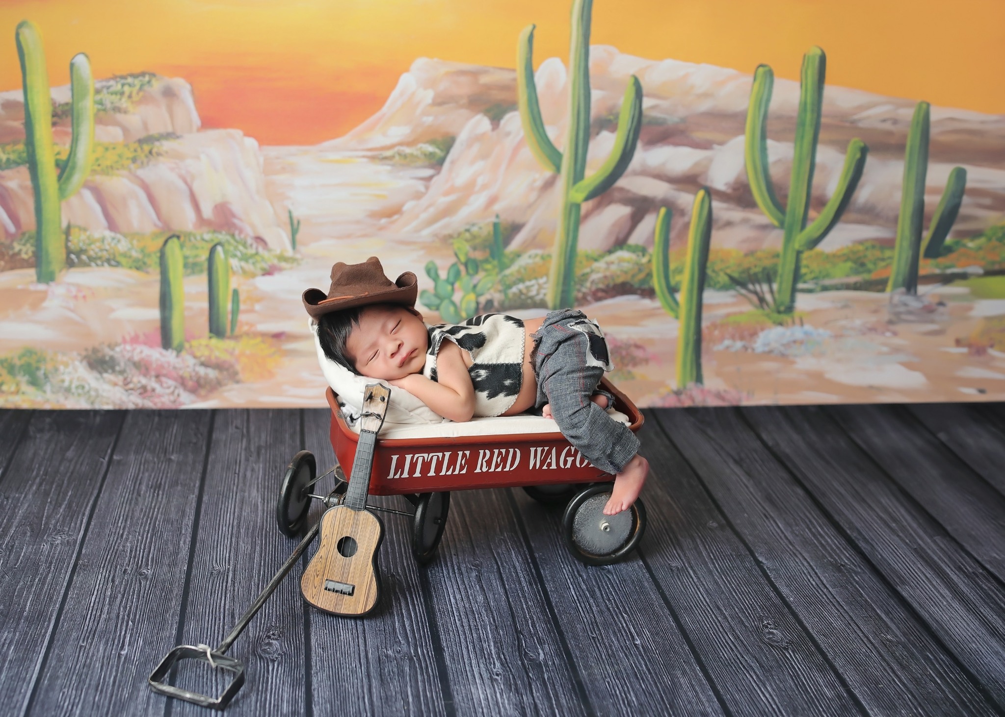 Sleeping Cowboy resting on his red wagon. Denver lactation consultants 