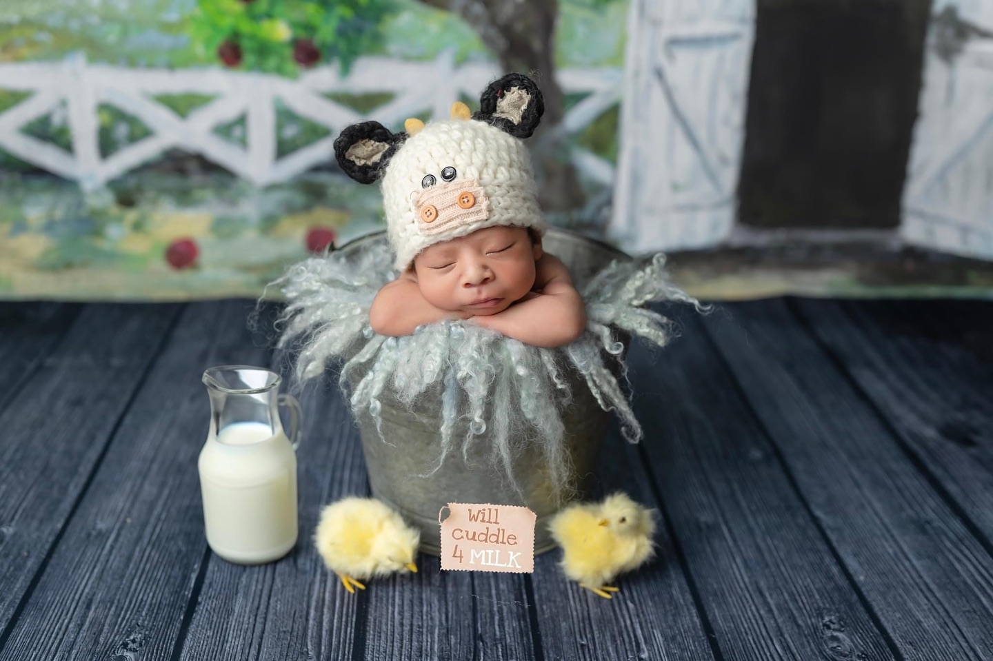 Sleeping newborn baby in cow hat surrounded by his stuffed chick friends.