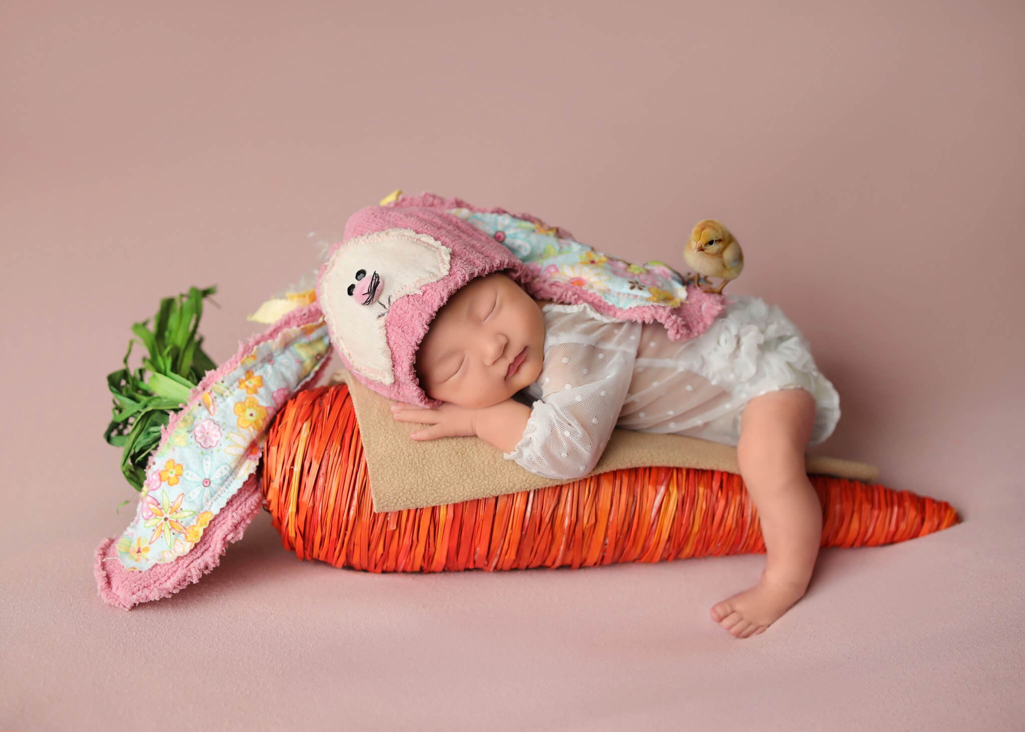 Easter themed newborn photography shot with baby sleeping on large carrot wearing an Easter bunny hat with floppy ears.