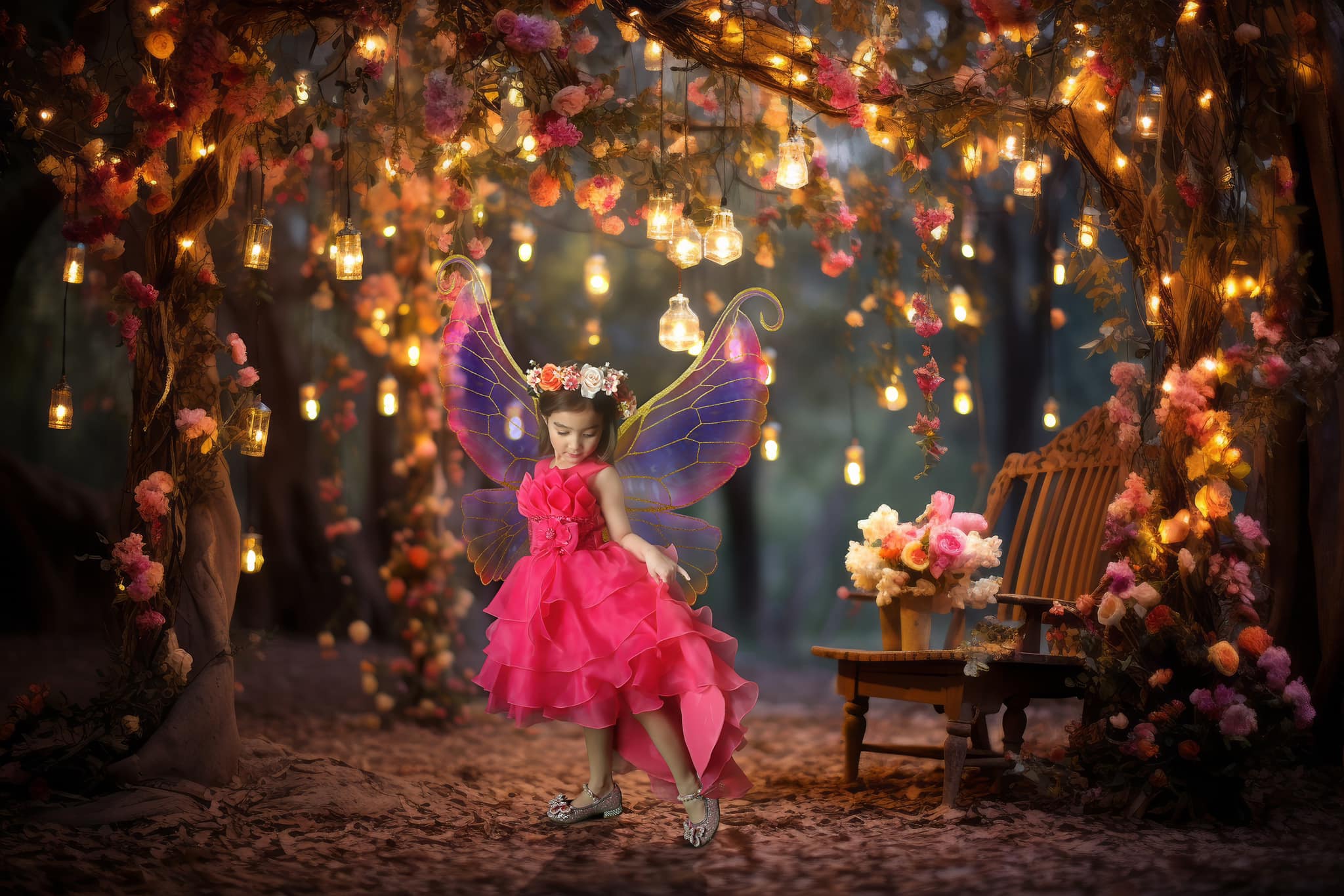 Sweet young lady posing in fairy wings in this awesome fairy composite image at her Denver children's photography session. Boulder kids clothing store with outfit shoutout.